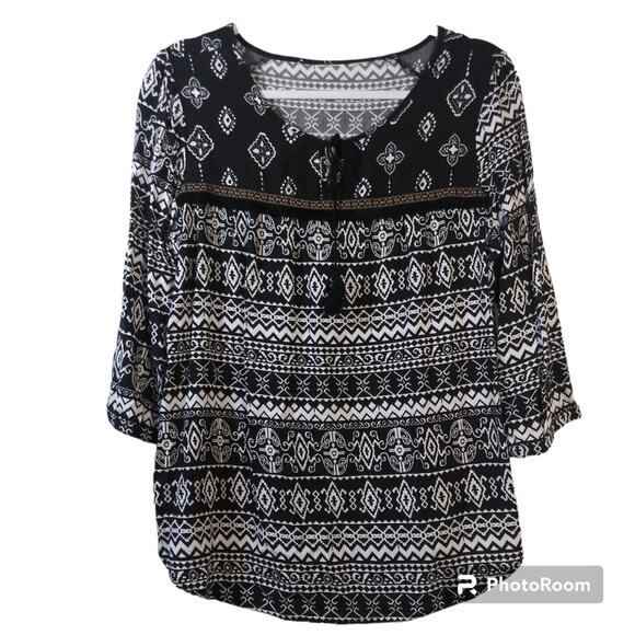 Cato Black & White Aztec Black Embroidered Fringe Stripe Long Sleeve Blouse M - Picture 1 of 7